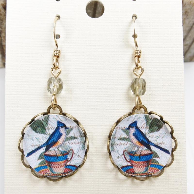 Blue Jay Tea Cup Lace Brass Round Disc Earrings Lemon Tree 14K GF Hook Handmade