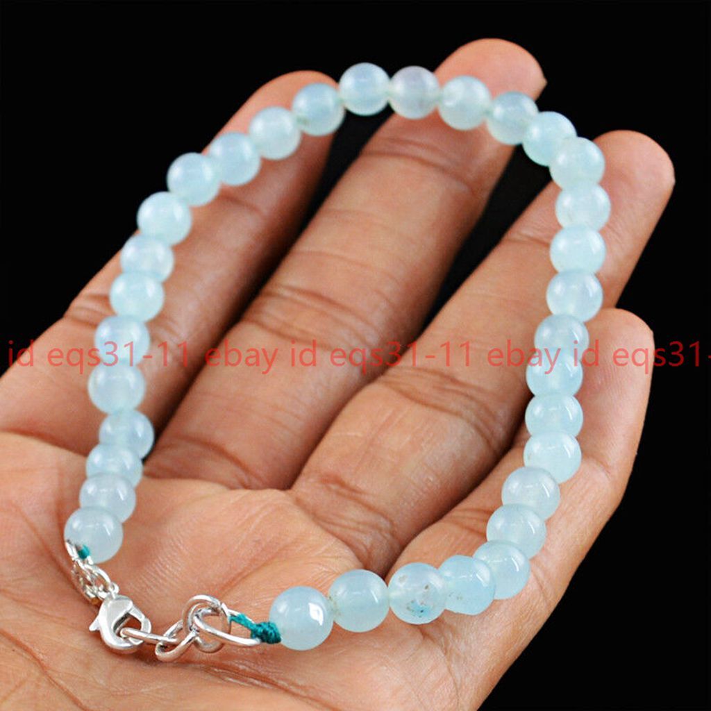 Natural 7.5″ Inch Long 6/8/10mm Blue Aquamarine Round Gemstone Beads Bracelet