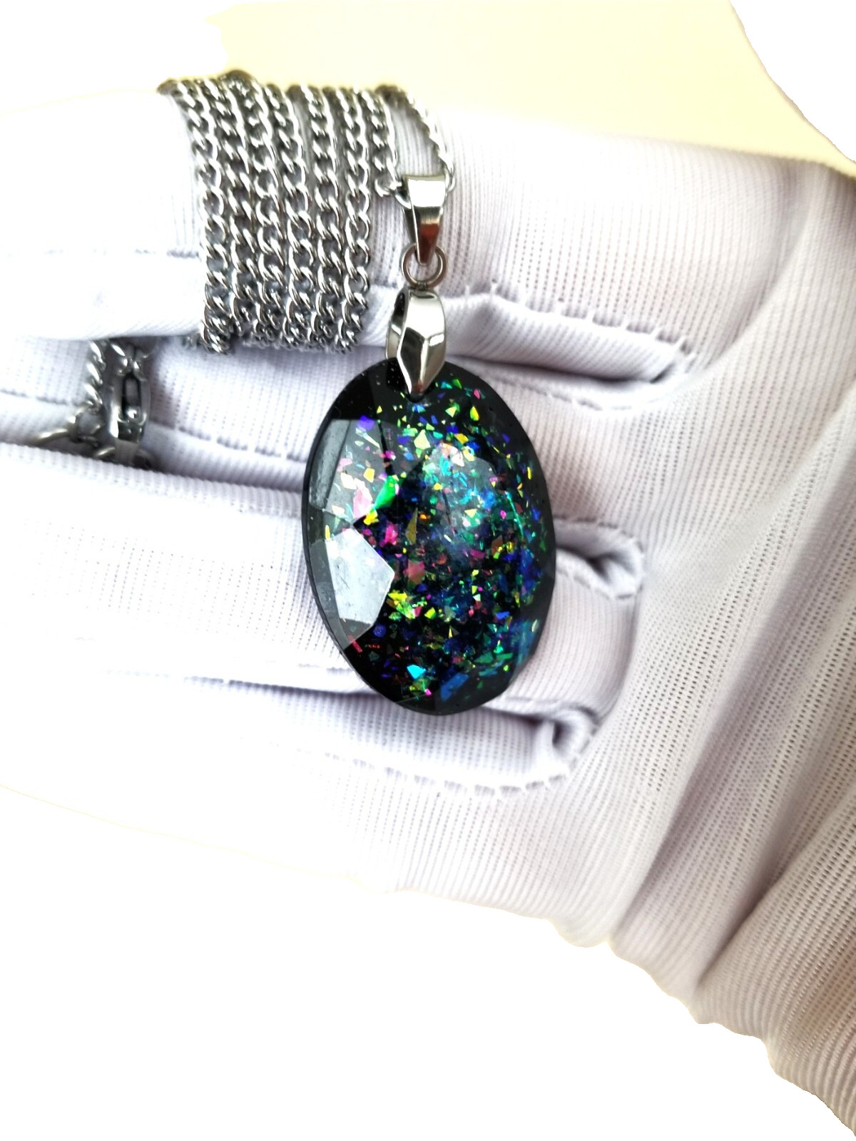 Opal Pendant: Oval Faceted Resin Peacock Opal 21x28mm on a Stainless-Steel Chain