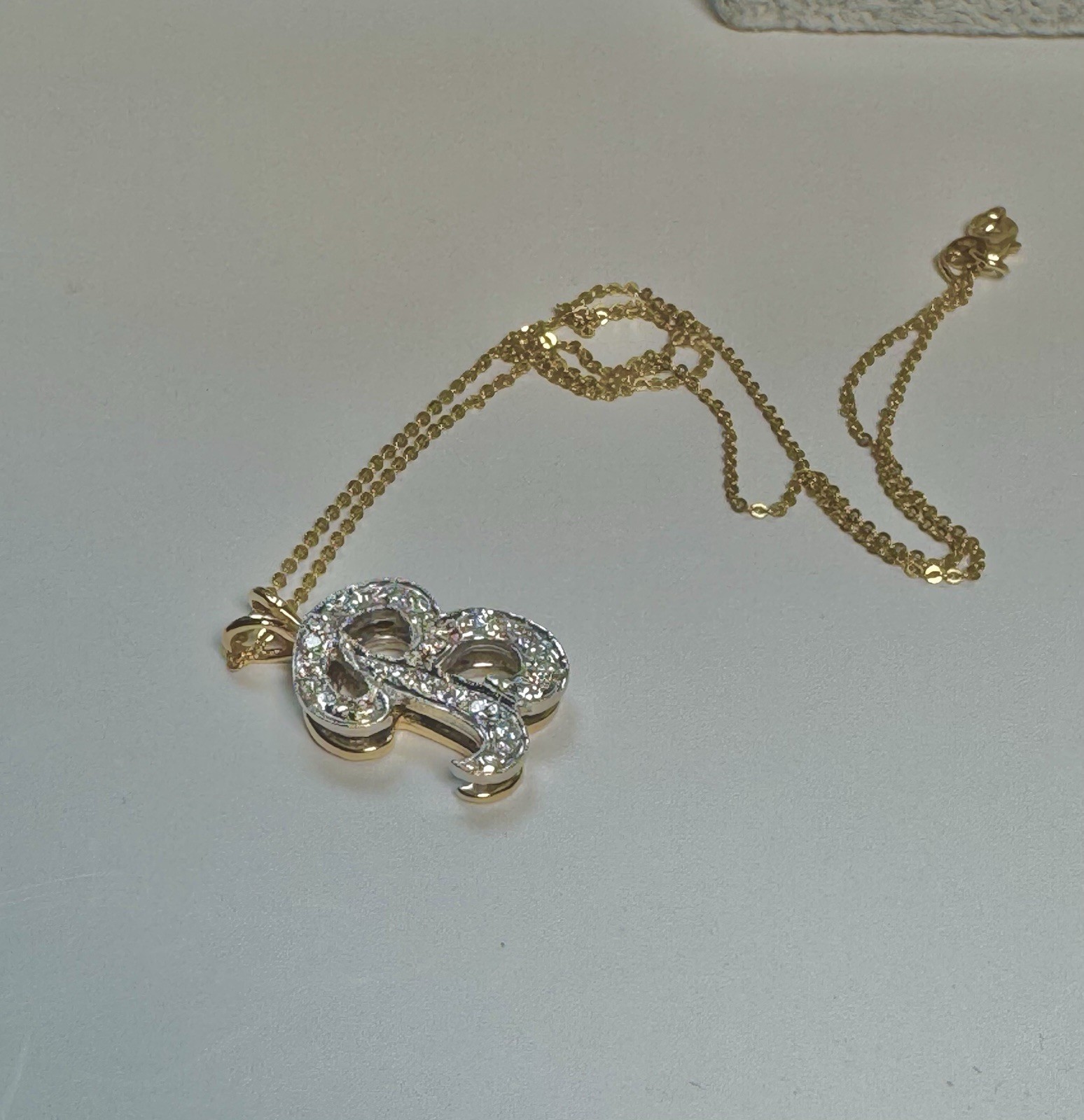 .35CT Diamond Letter B Pendant & 16” Fancy Cable Chain 14k Yellow Gold 5.2 Grams