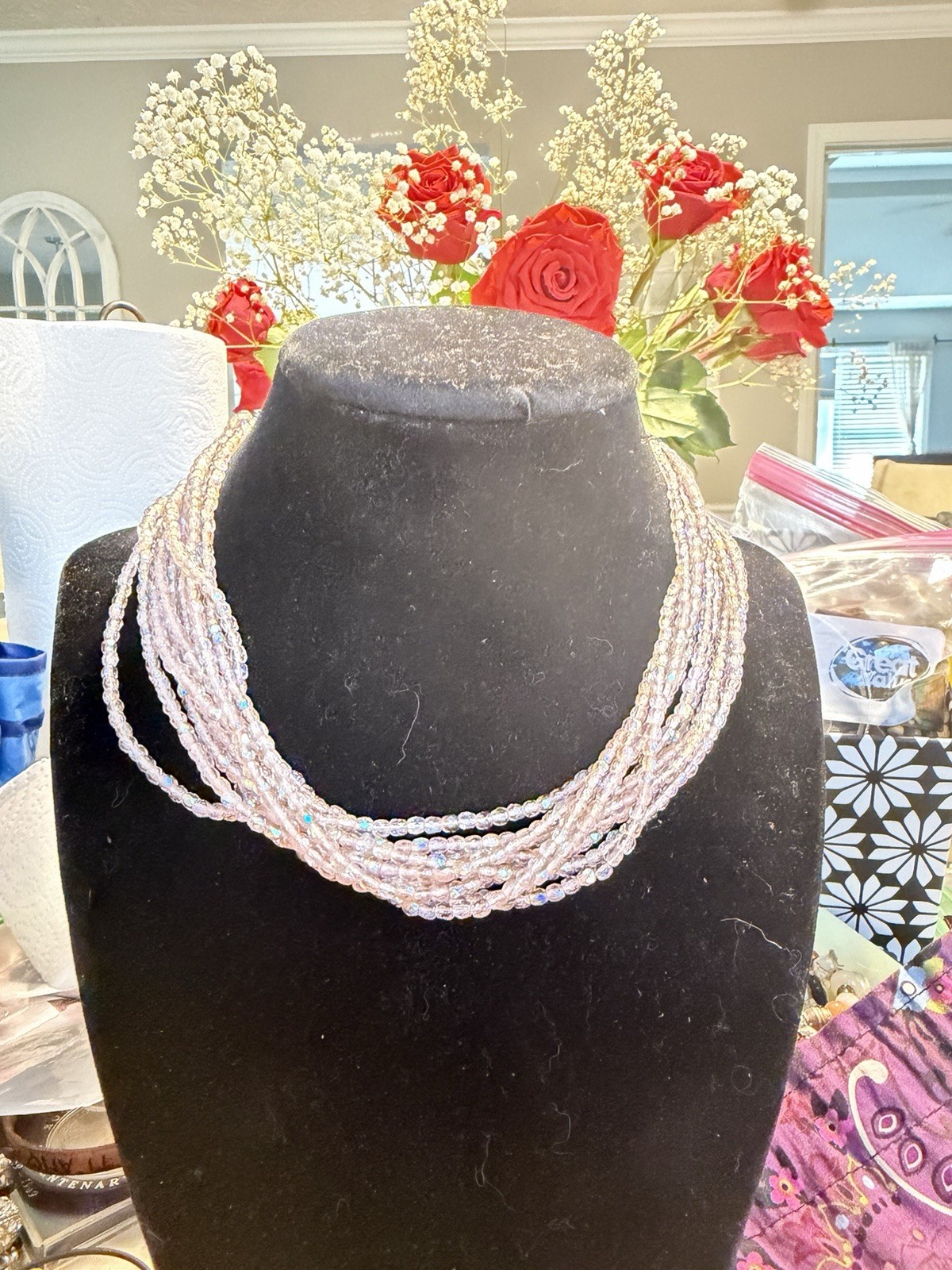 Multi-Strand White & Clear Round Glass Bead Necklace Lobster Clasp Adjustable