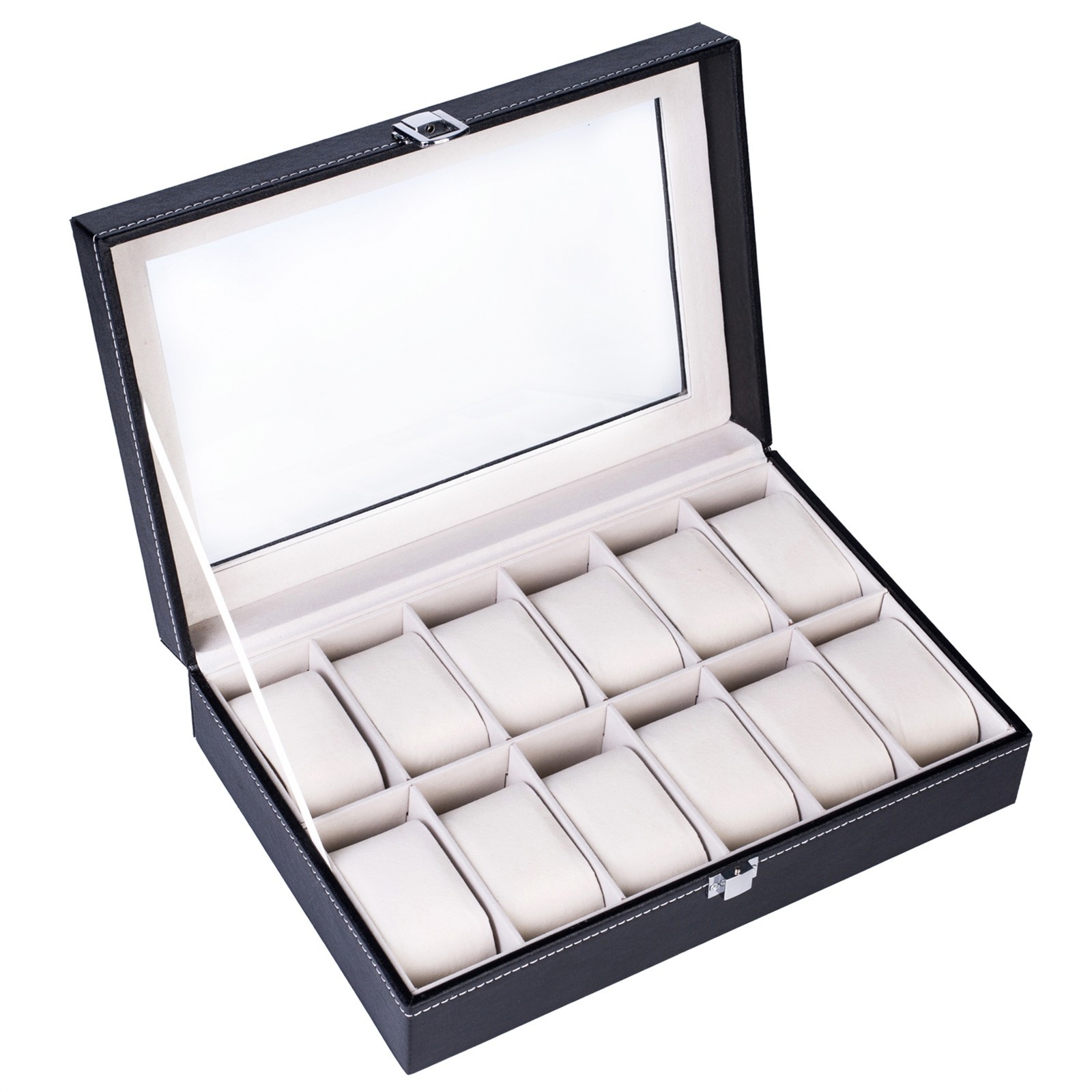 12 Slot Leather Watch Box Organizer Case Display Storage Holder Collector Black