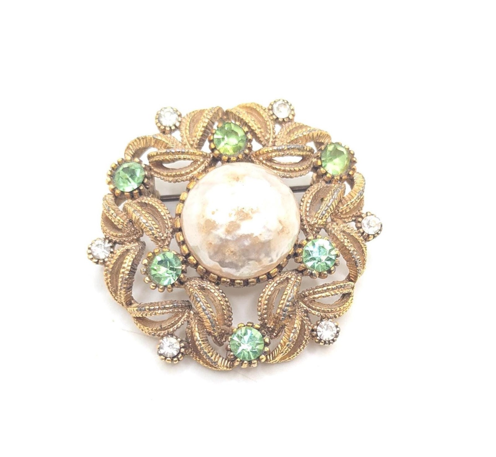Vintage Faux Pearl Green Rhinestone Large Brooch Lapel Pin Breastpin Domed