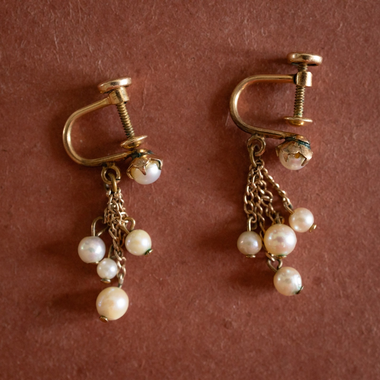 Mid-century 1/20 12K Gold-Filled Pearl Tassle Dangle Screw Back Vintage Earrings