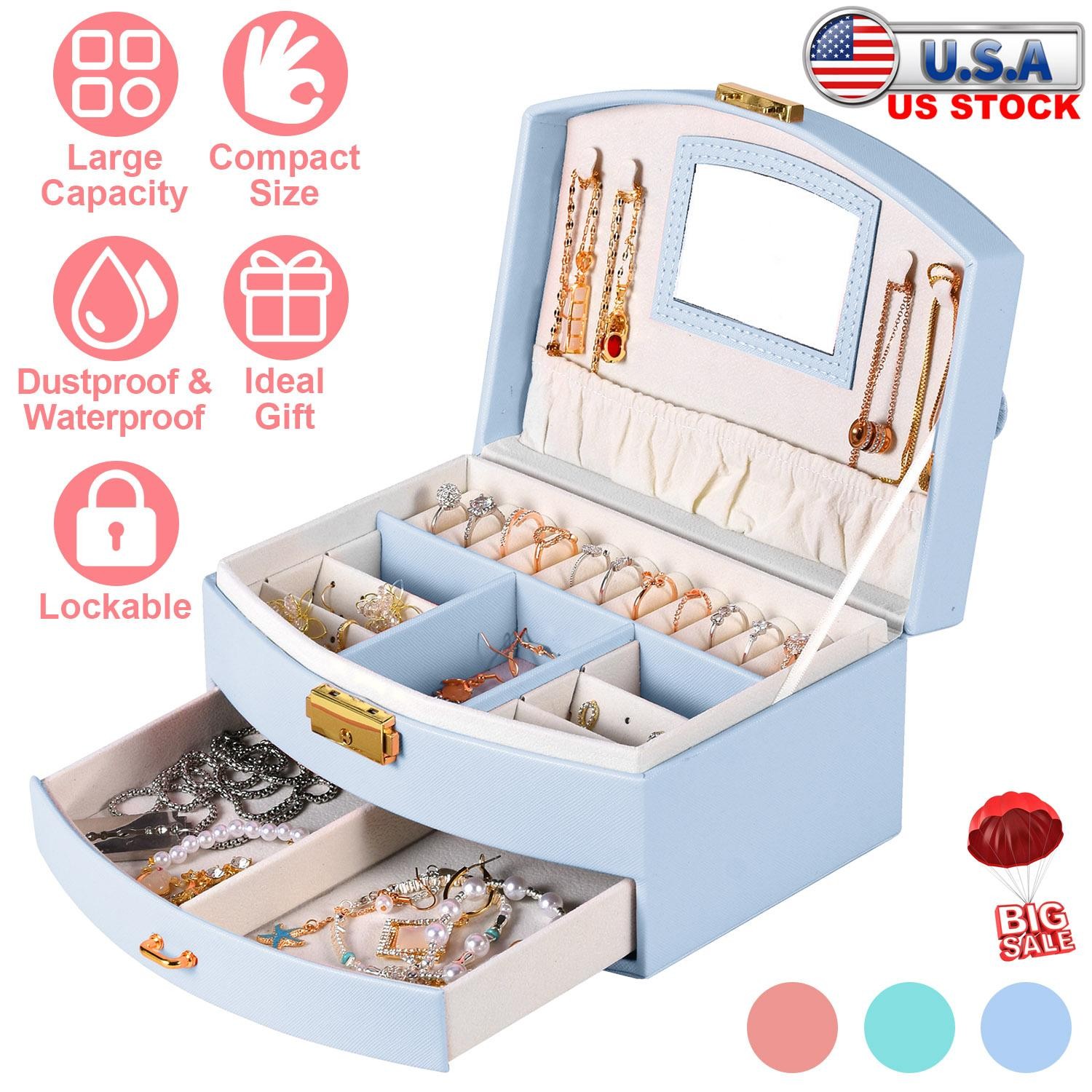 2-Layer Jewelry Box f/ Women Girls Lockable Lear Organizer Travel Case f/ Rings