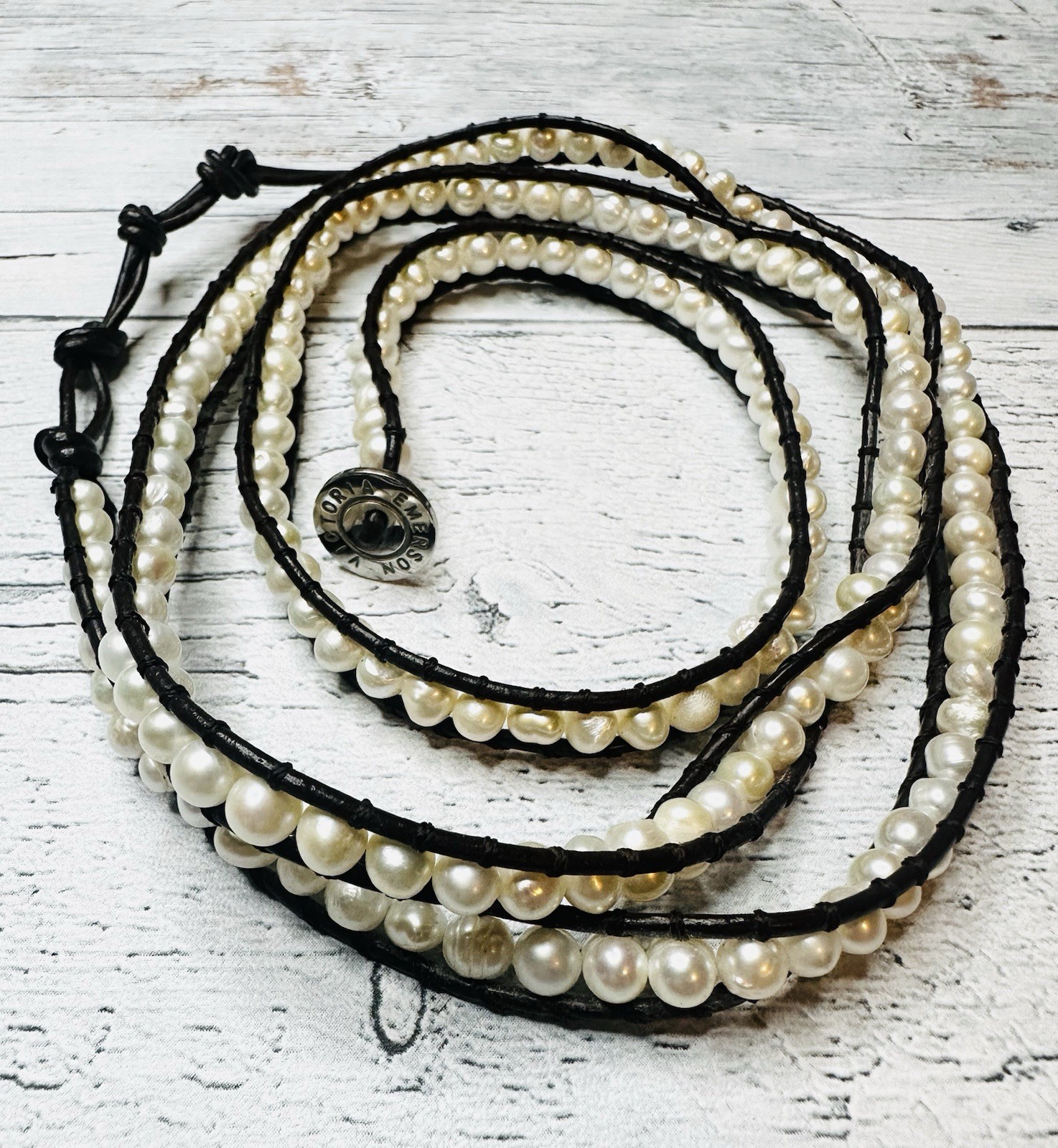 Victoria Emerson Freshwater Pearl Beaded Leather Cord Wrap Bracelet