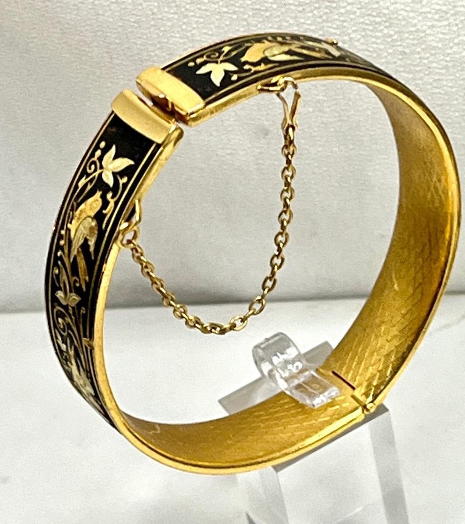 Vintage ia Midas Damascene Toledo Spain Round hinged Cuff Bracelet w/Birds #31-8
