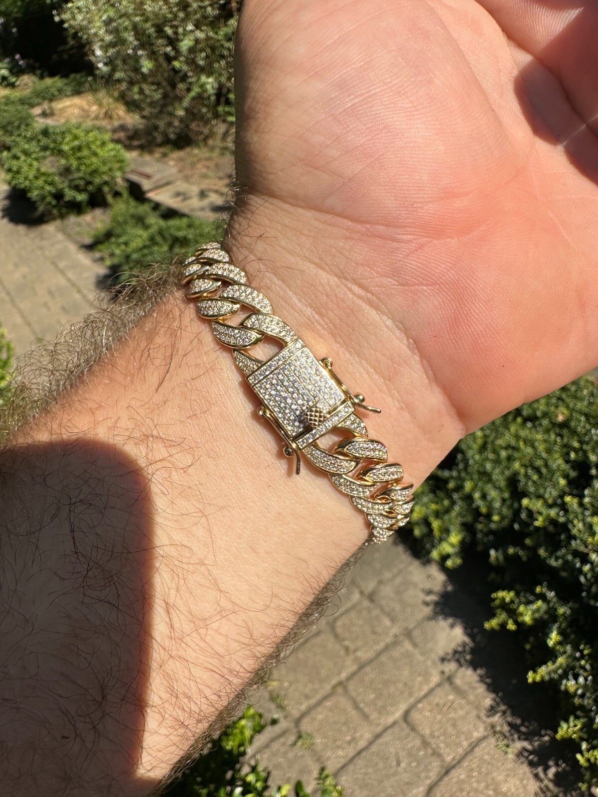 Mens Miami Cuban Link Bracelet Real Icy Solid 14k Gold Plated 925 Silver CZ 12mm