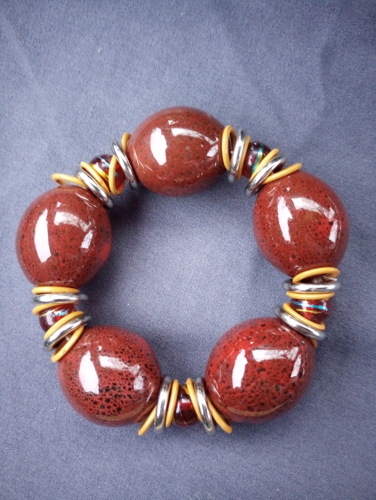 Bracelet large Big beads Rust Red handmade stretch to fit Heavy Boho Hippy Fun