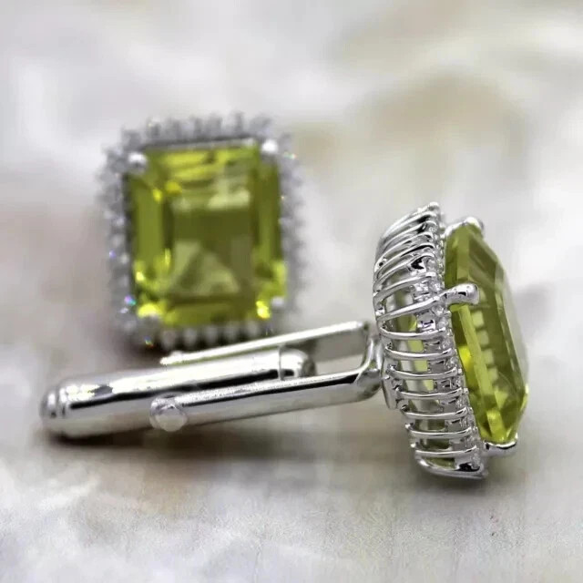4Ct Emerald Cut Lab-Created Green Peridot Men’s Cufflinks 14K White Gold Plated