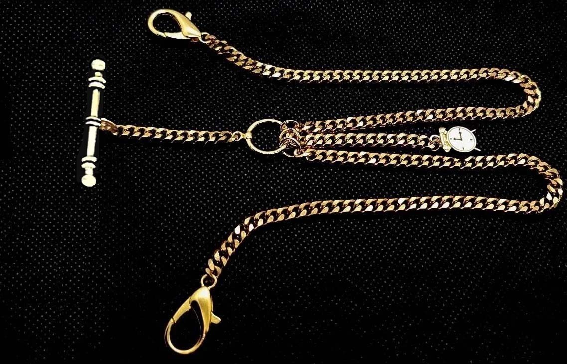 Gold Plated Strong Pocket Watch Albert Double Chain With Ornate Fob.