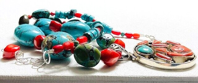 Handcrafted Turquoise & Red Coral Bead Sterling Silver Nepal Pendant Necklace