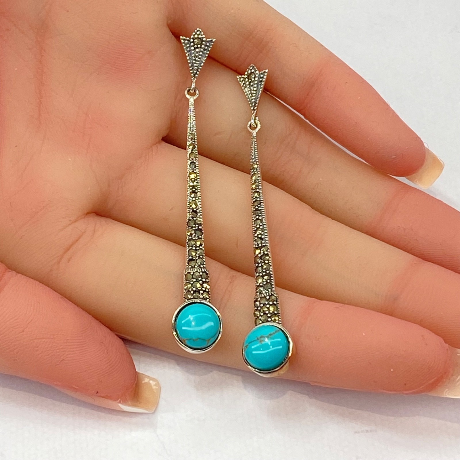 Turquoise Earring Studs 925 Sterling Silver Marcasite Long Drop 6.2cm New