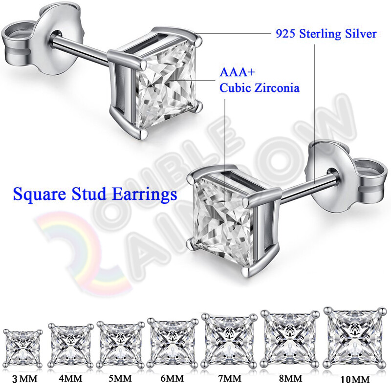 925 Sterling Silver Stud Earrings Men Women 3,4,5,6,7,8,10mm CZ Square