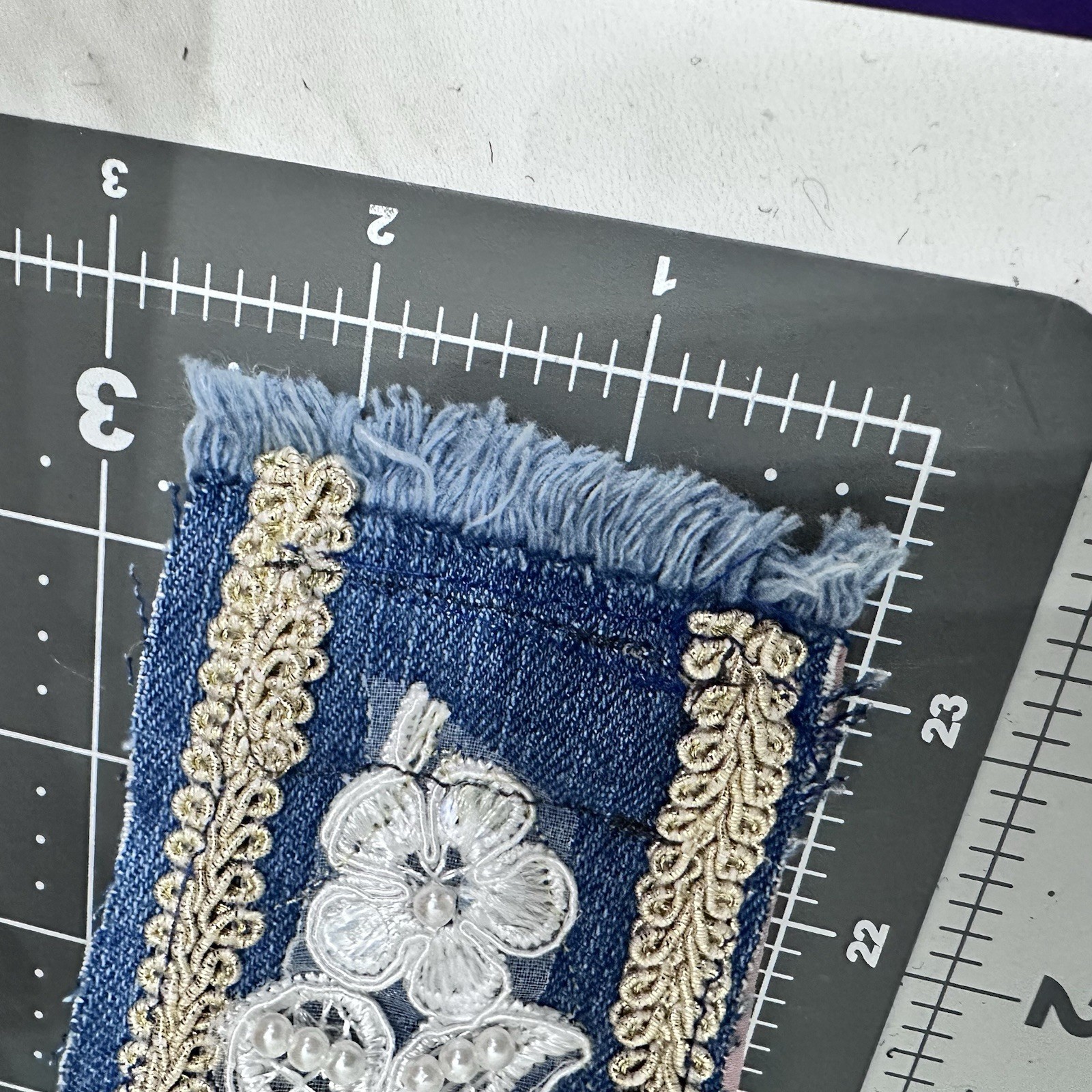Wide Cuff Bracelet Boho Denim Fabric Embellished 3D Floral Lace Handmade 6-7