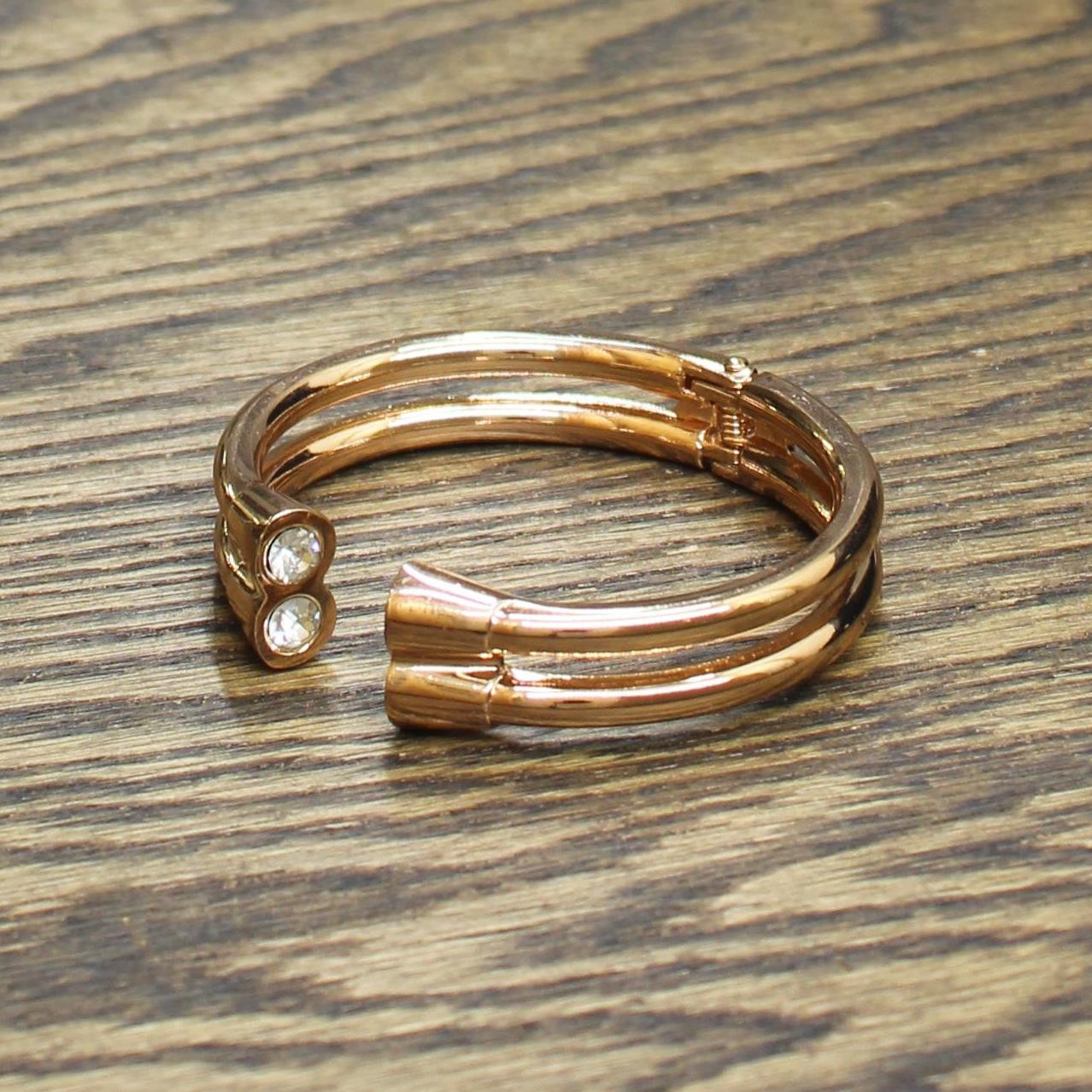 Rhinestone Double Split Band Hinged Open Cuff Bracelet Rose Gold / Clear