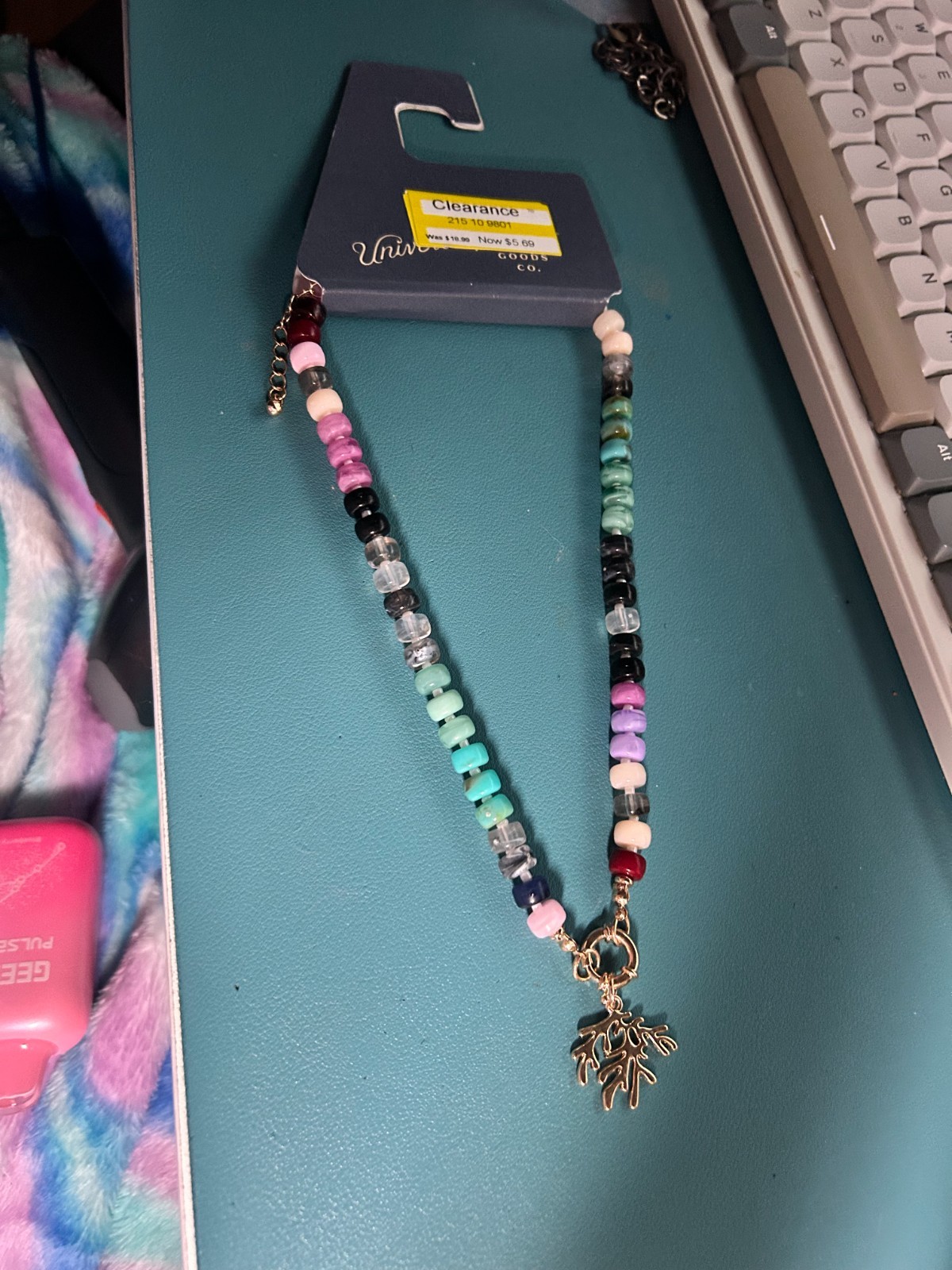 Universal Thread Beaded Coral Branch Charm Necklace Multi Color Gold Tone NWT