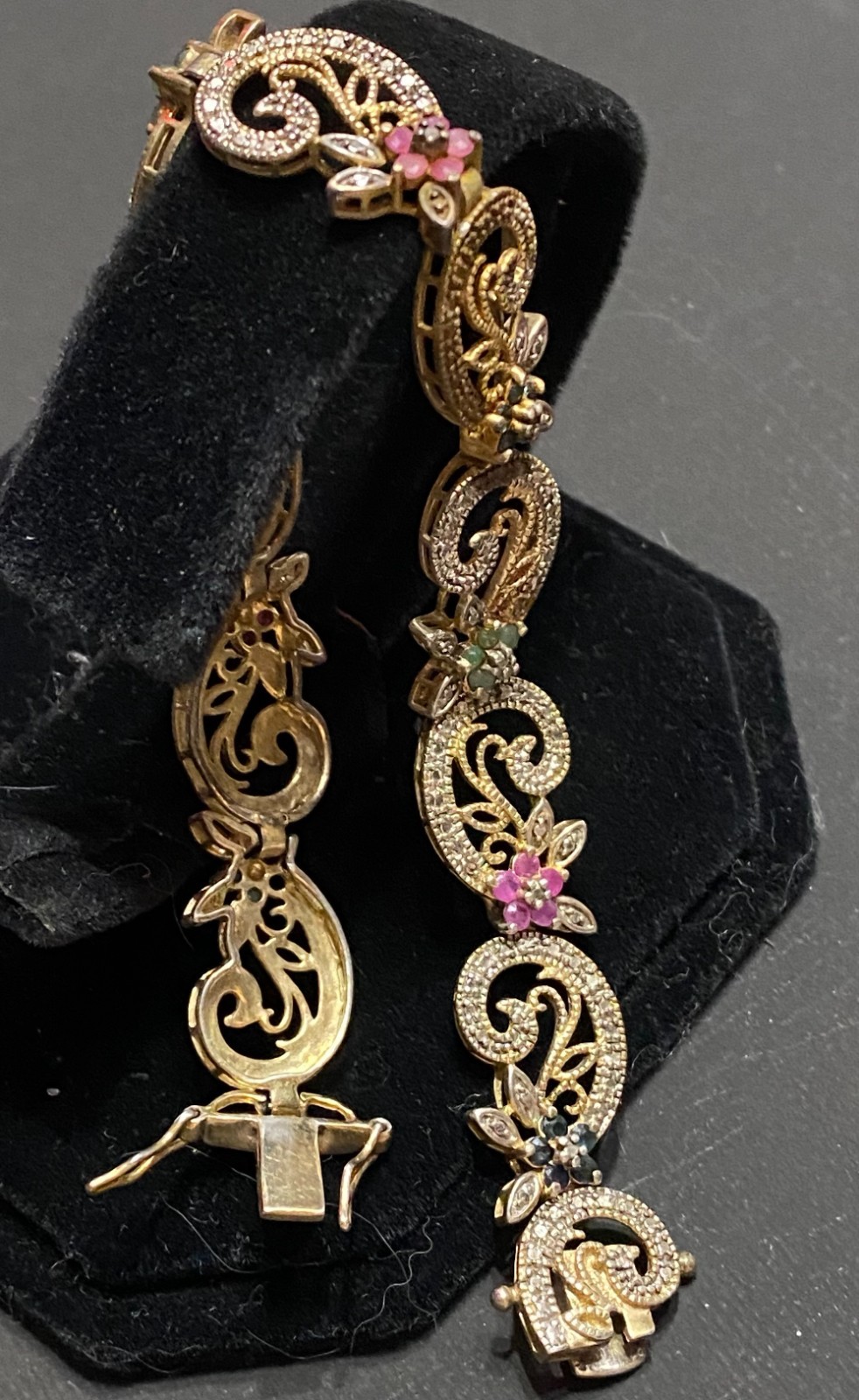 Vintage 925 Sterling Silver Gold Plated Filigree Gemstone Bracelet 7.5″ TDL