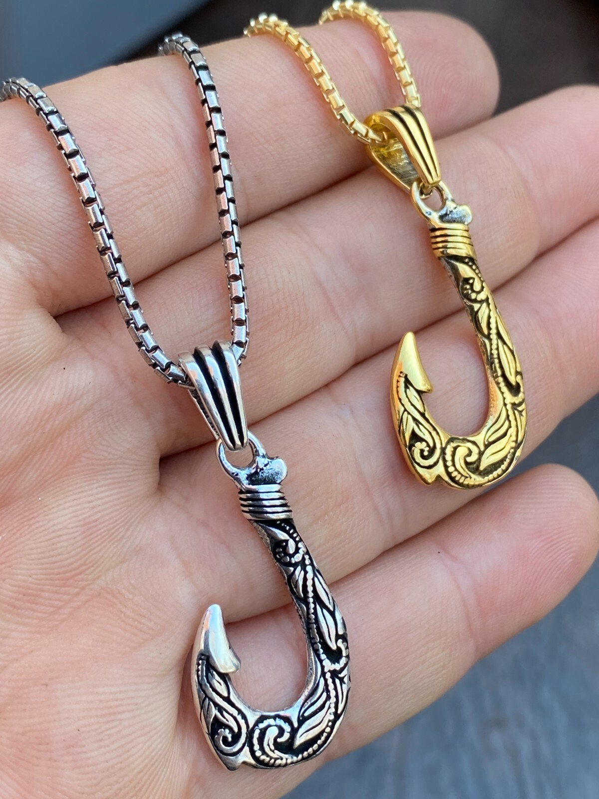 Solid 925 Sterling Silver Hawaiian Fishing Hook Large Mens Necklace Gold Plated