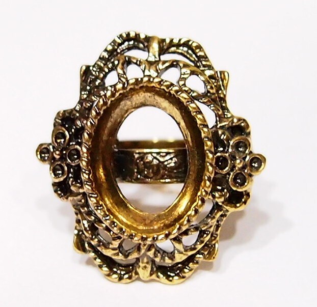 6 of 18x13mm Antique Gold Victorian Deco Lacy Flowers Adjustable Ring Settings