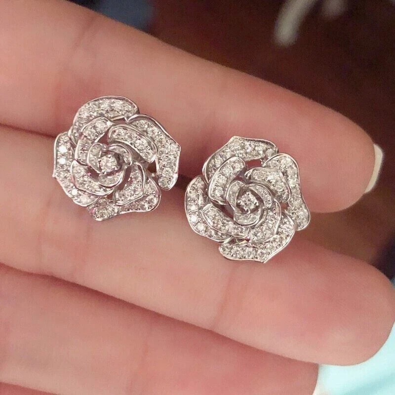 1.60Ct Round Cut Lab Created Diamond Flower Stud Earrings 14K White Gold Plated