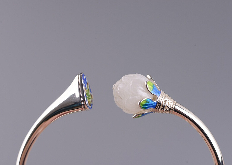 I05 Silver 925 Lotus Flower White Jade Cloisonne Blue Green Bangle Bracelet