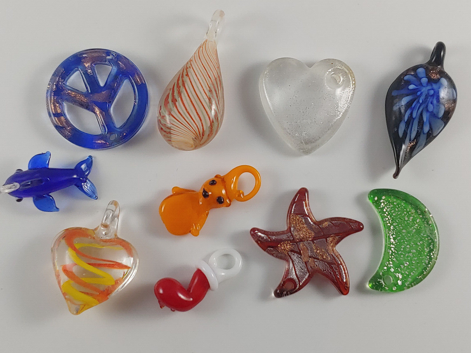 10PC. Lampwork Glass Pendants Charms Multi Color Heart Teardrop Dolphin & More
