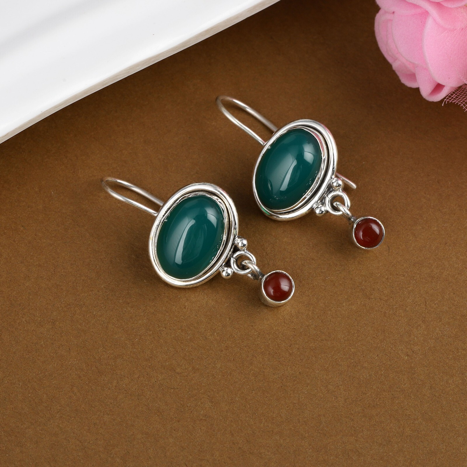 925 Sterling Silver Handmade Earrings Natural Green Onyx Carnelian Stone Earring
