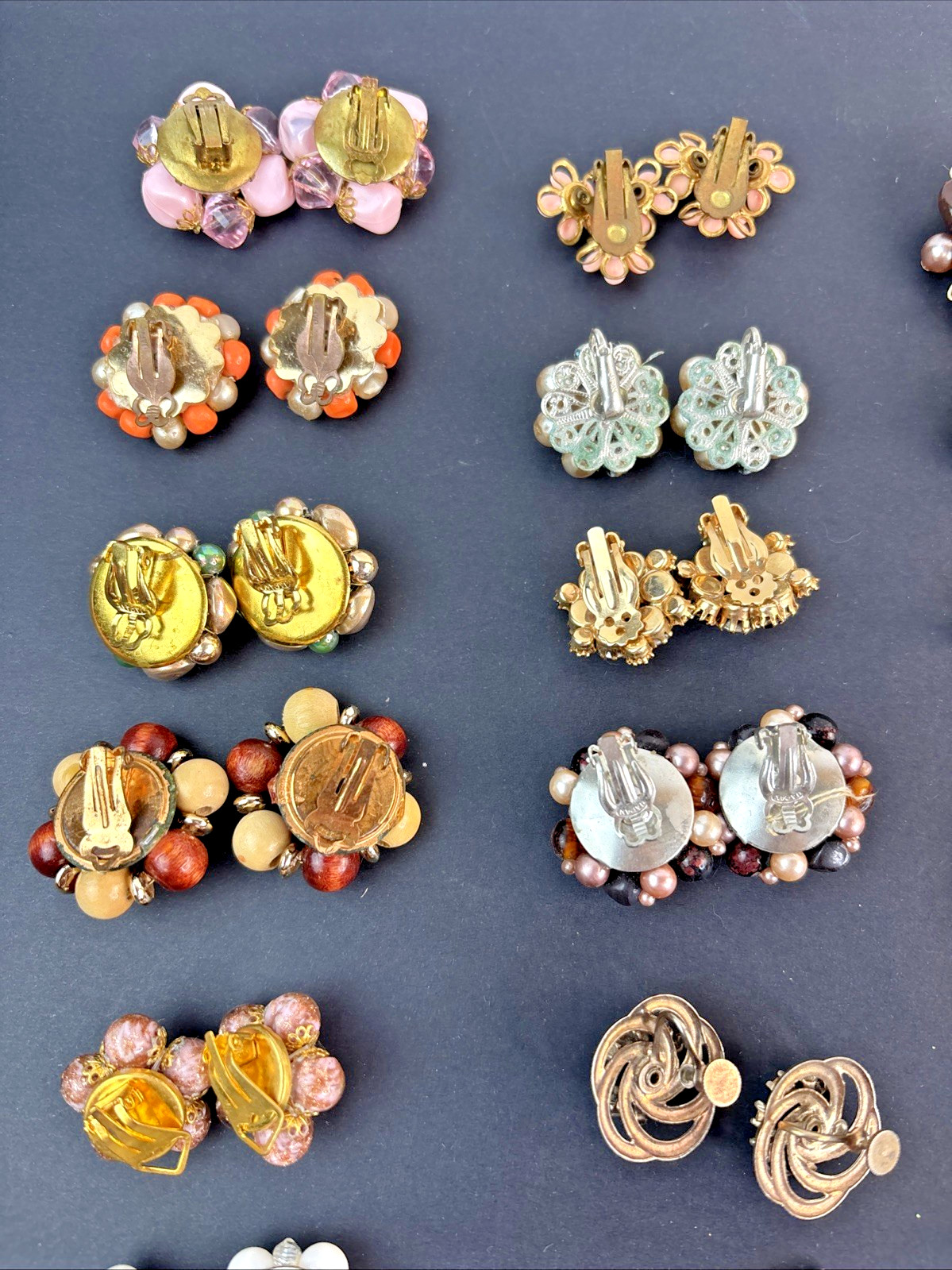 Lot of 62 Clip-on Screw Back Earrings Vintage 1940’s-1970’s Mixed Metals Cluster