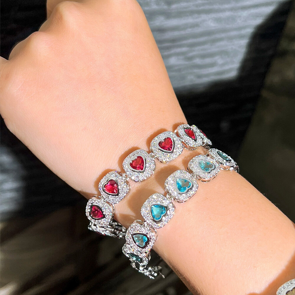 Women Lovely Silver Plated Pink Heart Cubic Zirconia Big Tennis Bracelet Wedding