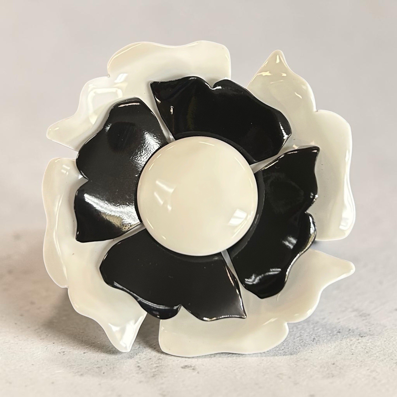 St. John Black And White Enamel Flower Brooch Excellent Vintage Condition