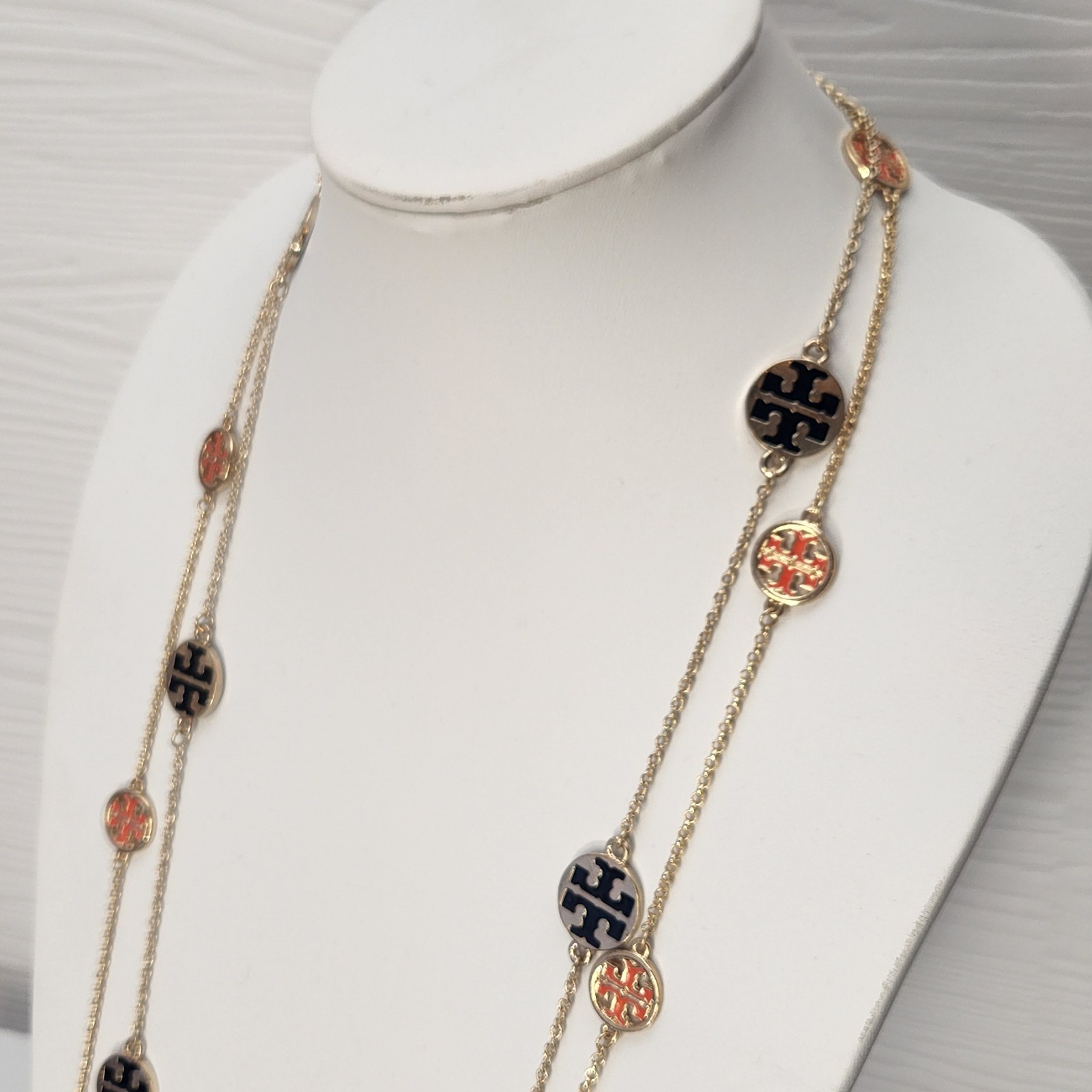 Tory Burch 2 Logo Necklaces Orange And Black 19.5″ Designer Layered