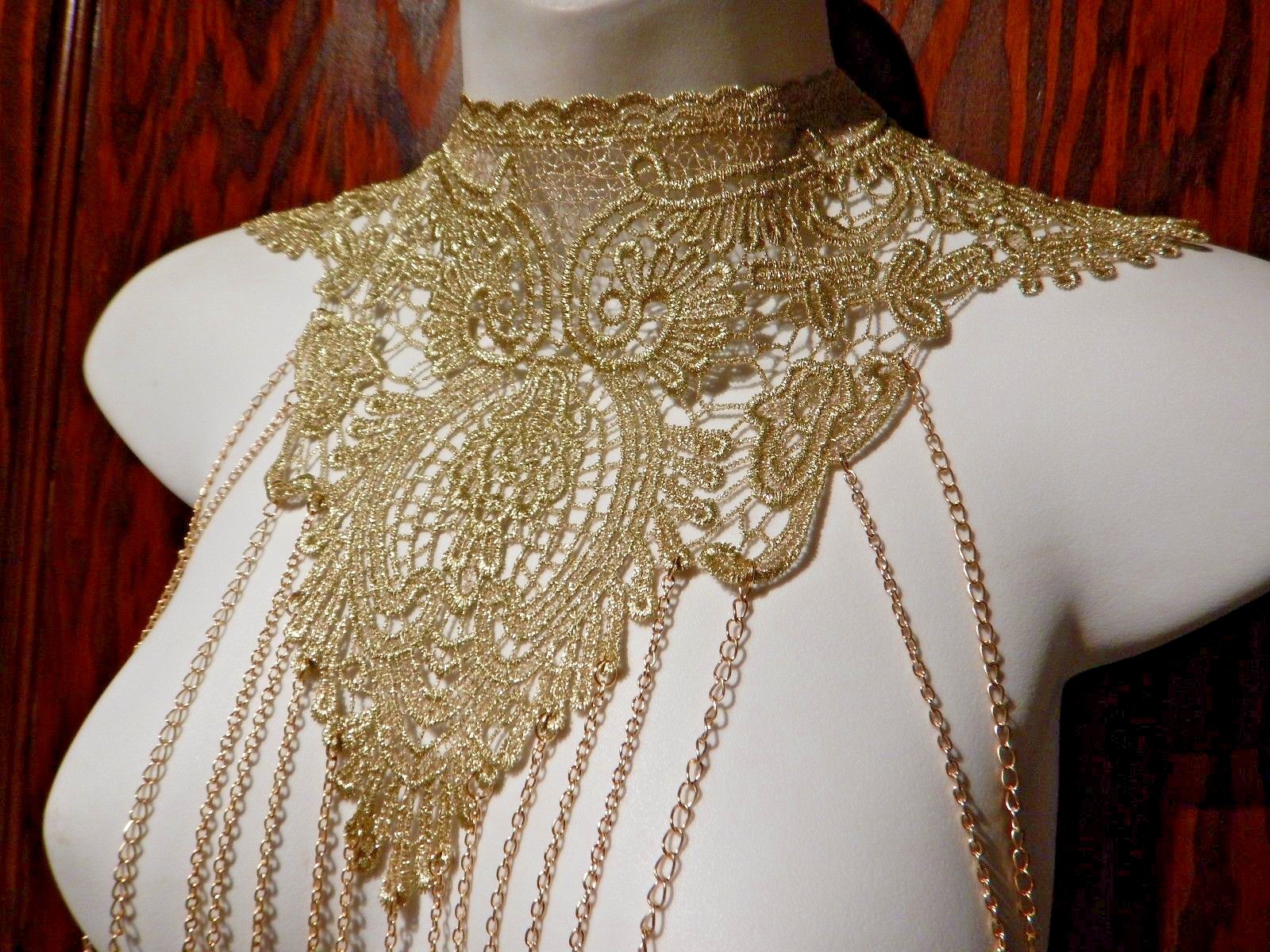 GOLD CHAIN & SPIKES LACE BODY JEWELRY necklace harness yoke choker goddess Z8