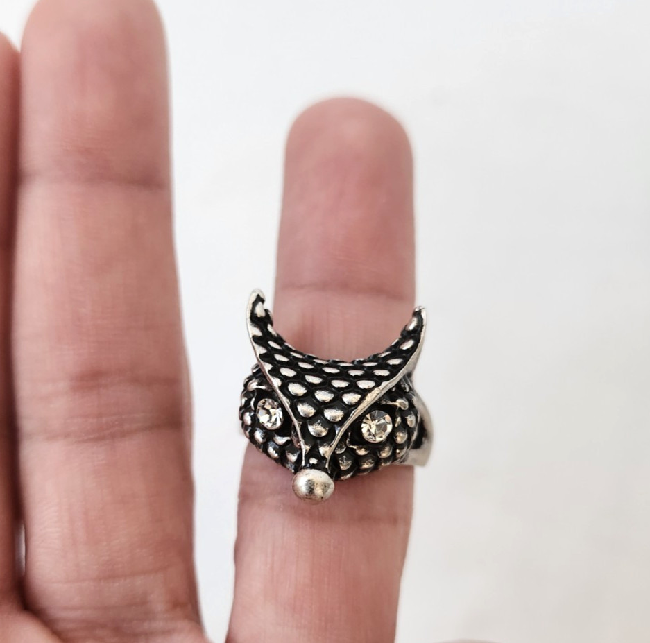 Vintage Silver Tone Fox Face Ring Cubic Zirconia Eyes Statement Jewelry Size 7