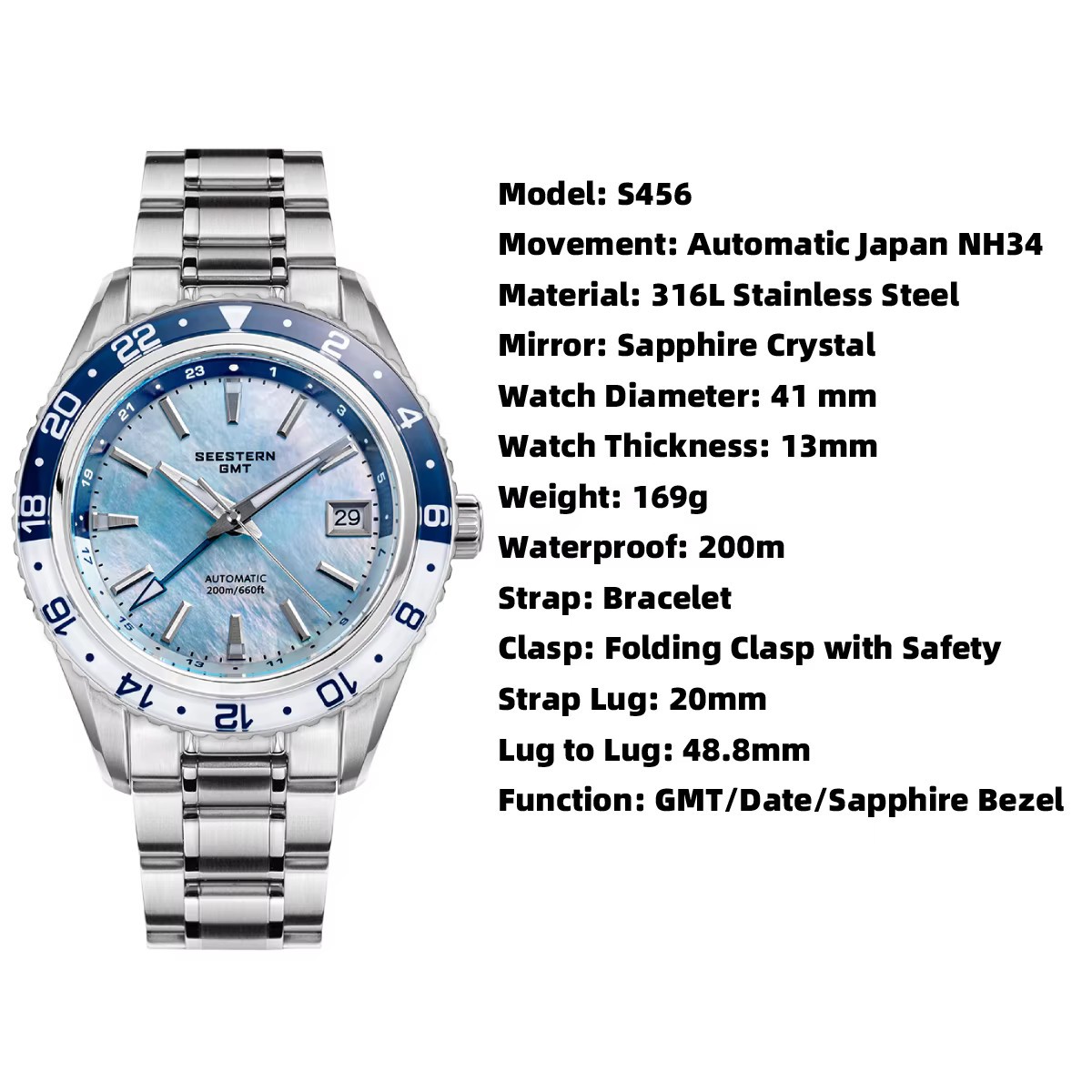 SEESTERN GMT Men Watch Automatic NH34 Sapphire 200M Diver MOP Teal Blue S456