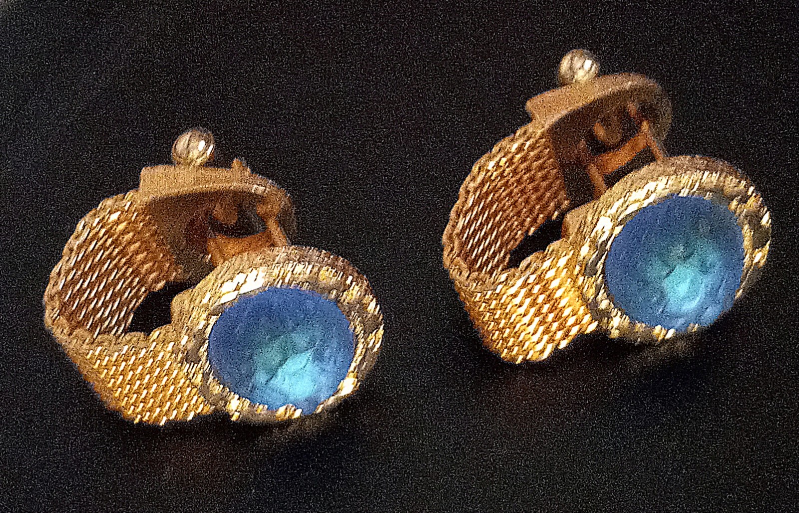 Unique Moon Glow Goldtone Cufflinks. Blue Green