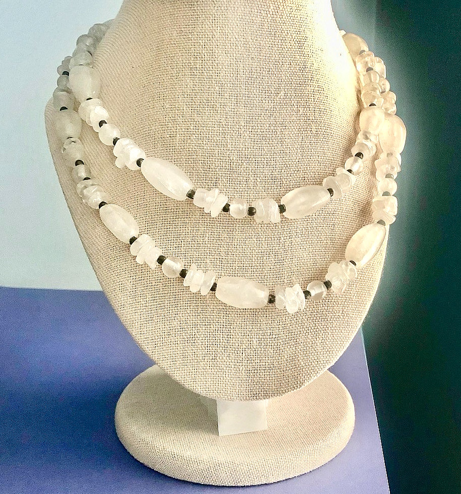 Vintage 34″ QUARTZ Stone BEAD NECKLACE~ White Semi Transparent Polished Ovals