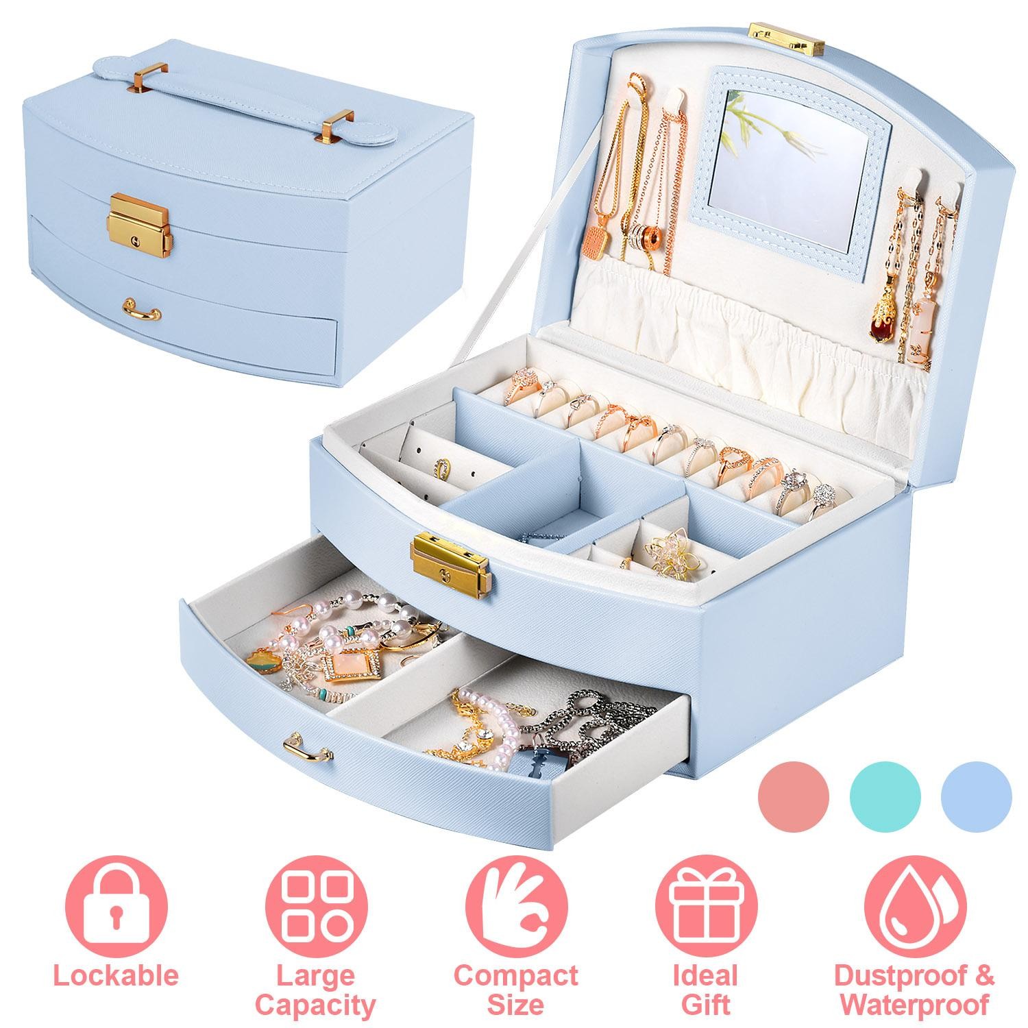 2-Layer Jewelry Box f/ Women Girls Lockable Lear Organizer Travel Case f/ Rings