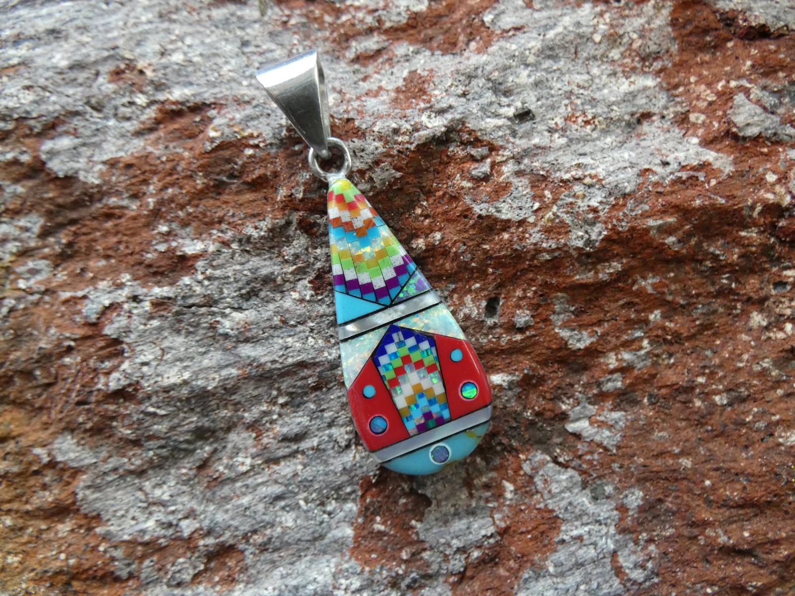 Southwestern Mosiac Gemstone Opal Aluminum Sterling Silver Alloy Pendant AS90