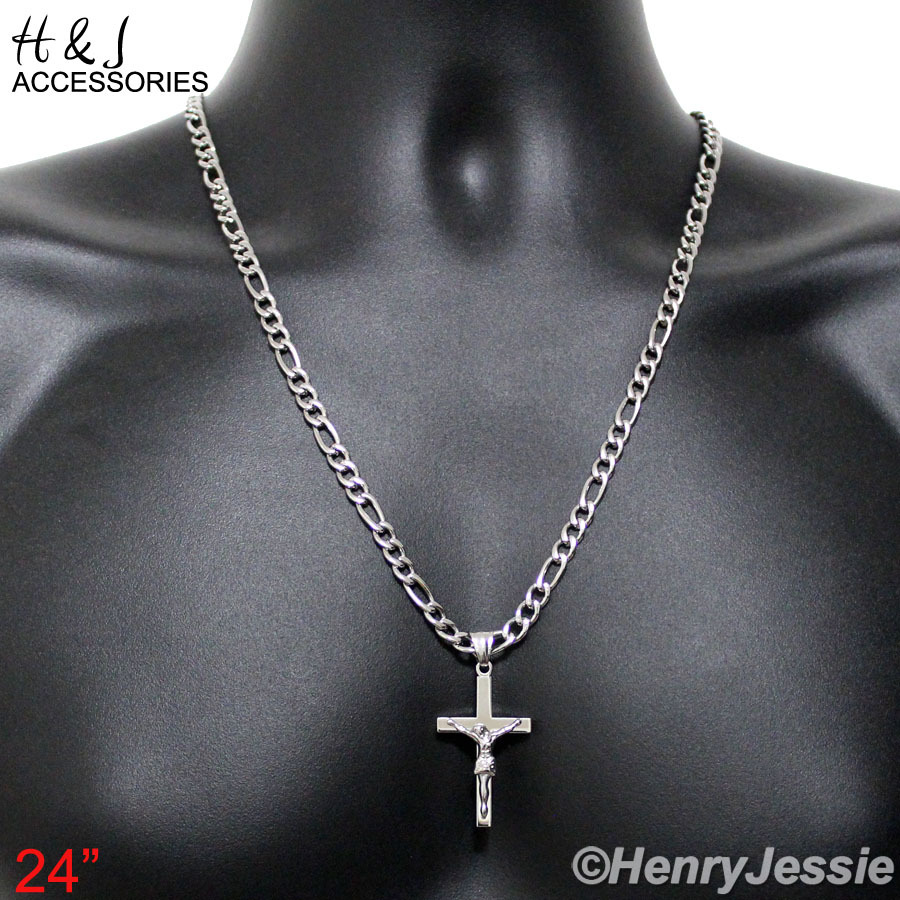 18-36″Stainless Steel 4mm Silver Figaro Link Necklace JESUS Cross Pendant*P62