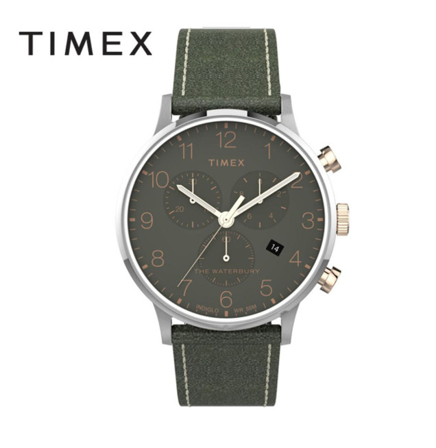 Timex Waterbury TW2T71400 Green Dial Chronograph Leather Strap Watch 40mm
