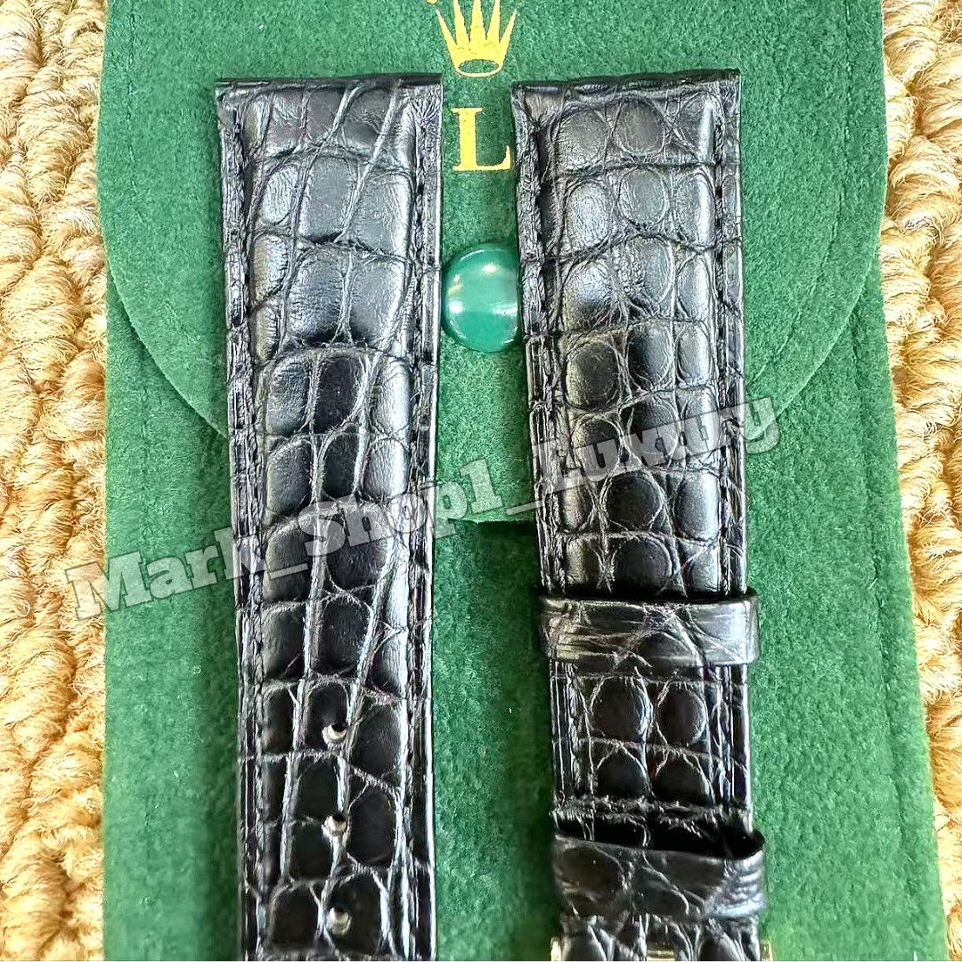 ROLEX Black Crocodile Leather Watch Strap Band 20-16mm Gold Buckle NOS Vintage