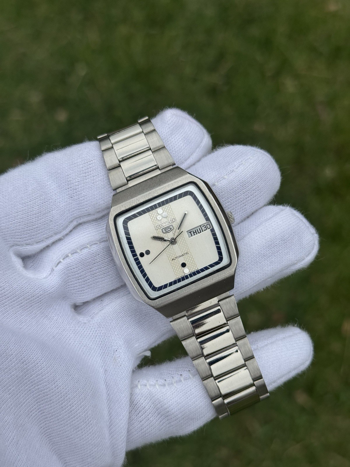 Vintage Seiko 5 Automatic 6309 Mens WristWatch Silver TV Dial Day Date Japan 21J