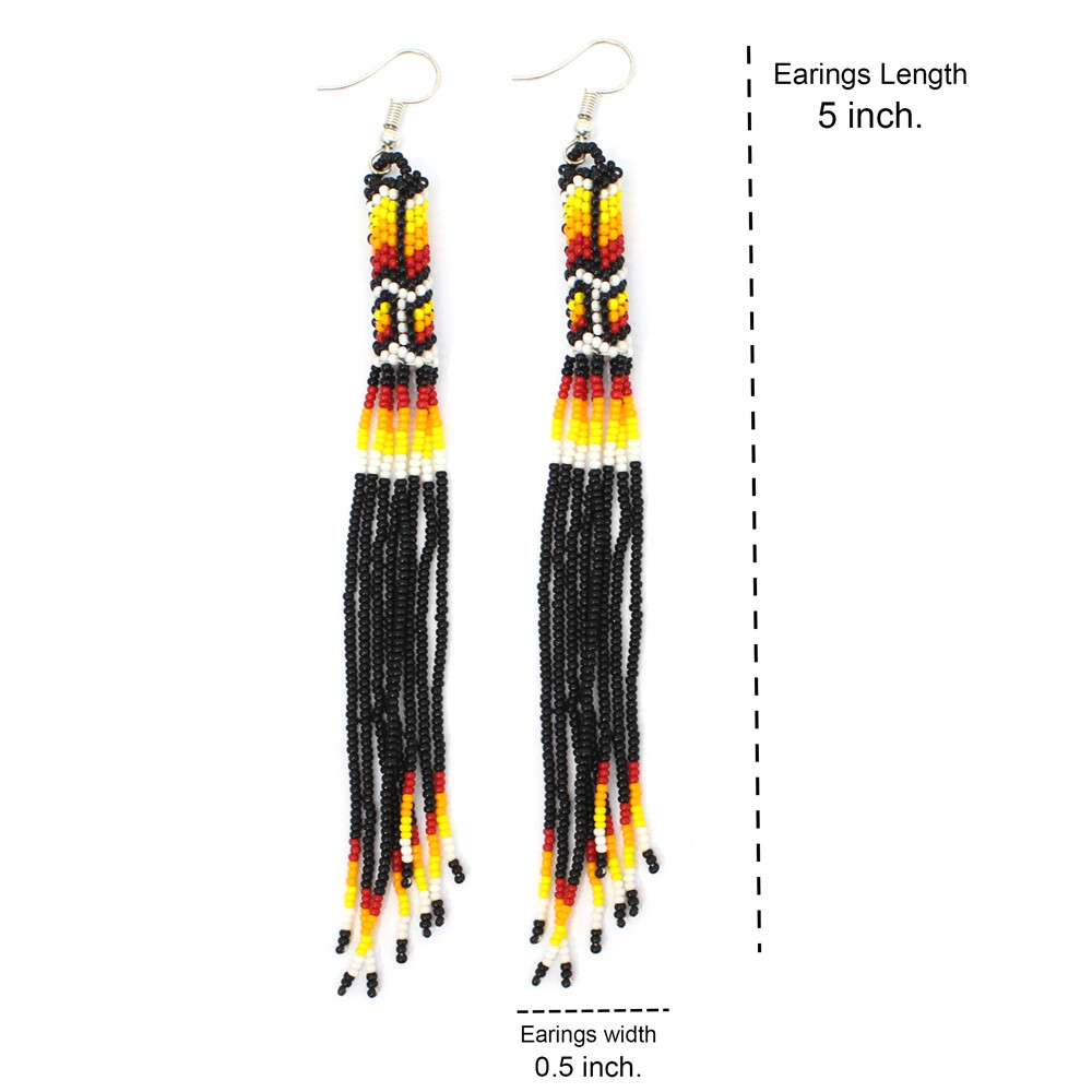 Black Fire Seed Beads Beaded Extra Long Earrings 5.5 Inch Handmade