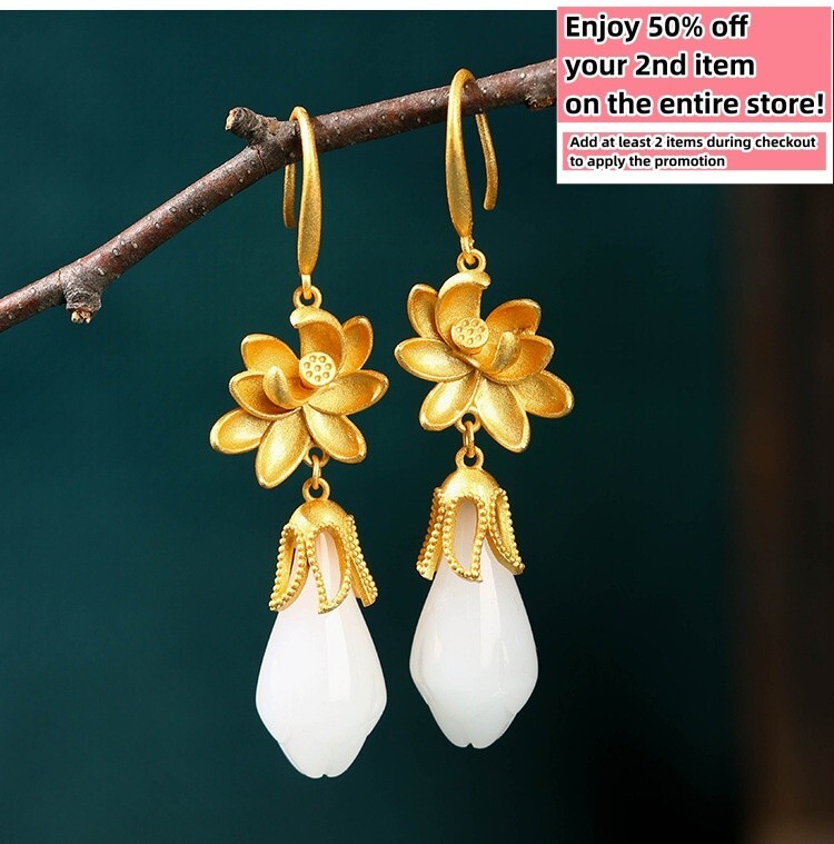 Jade Drop Dangle Earrings Gold Flowers Bohemian Ear Hook 18K Gold Plated Gift