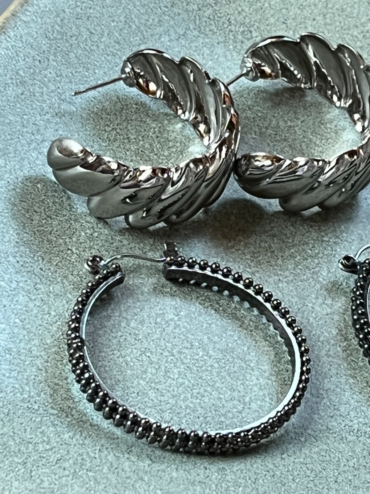 Lot of Large Oxidized Silvertone Tiny Bead & Ridged Tapered Silvertone HOOP Earr