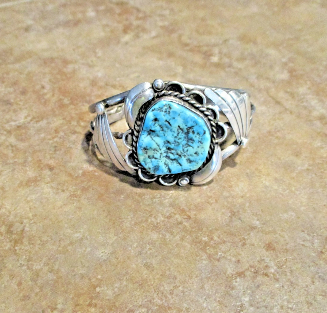 FINE Vintage Navajo Sterling Silver SEA FOAM Turquoise Applique Bracelet Sign FS