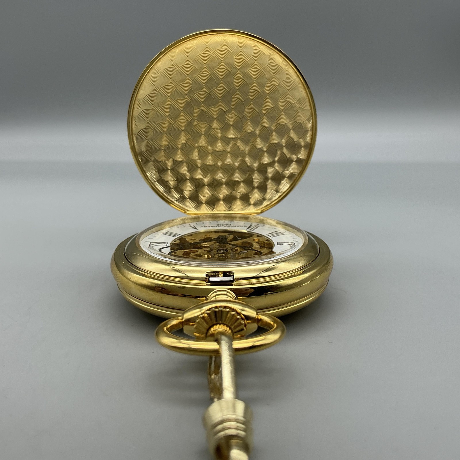 Charles-Hubert Pocket Watch Men 47mm Gold Tone Skeleton Hunter Manual Chain