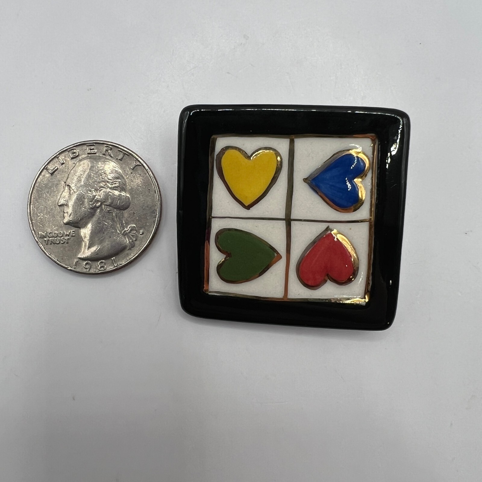 Vintage Clay Four Heart Brooch Square Ceramic Enamel Pin