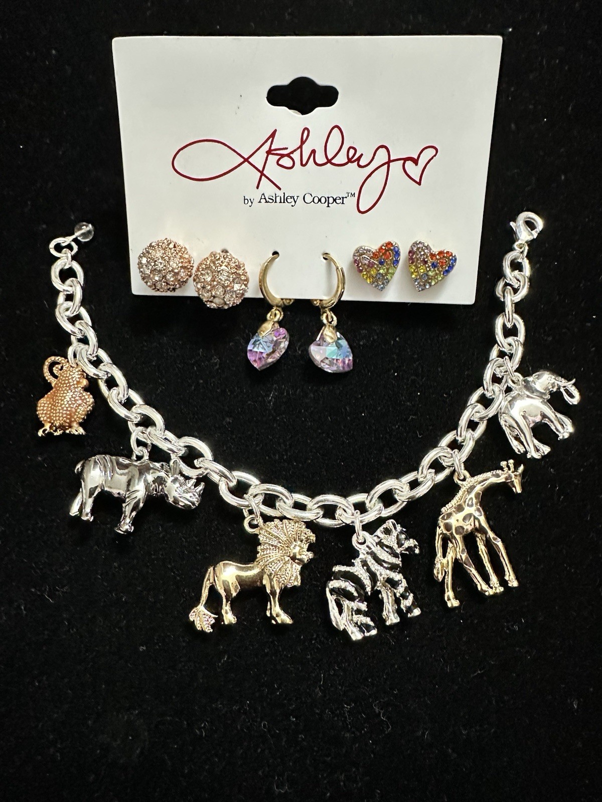 Napier Silver Tone Safari Themed Charm Bracelet Ashley Cooper Pierced Earrings